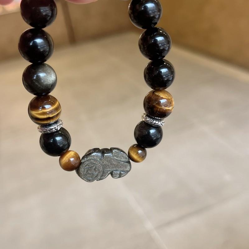 Natural Obsidian Pixiu Bracelet With Tiger Eye Beads Handmade Boho Chic Unisex Jewelry Daily Wear
