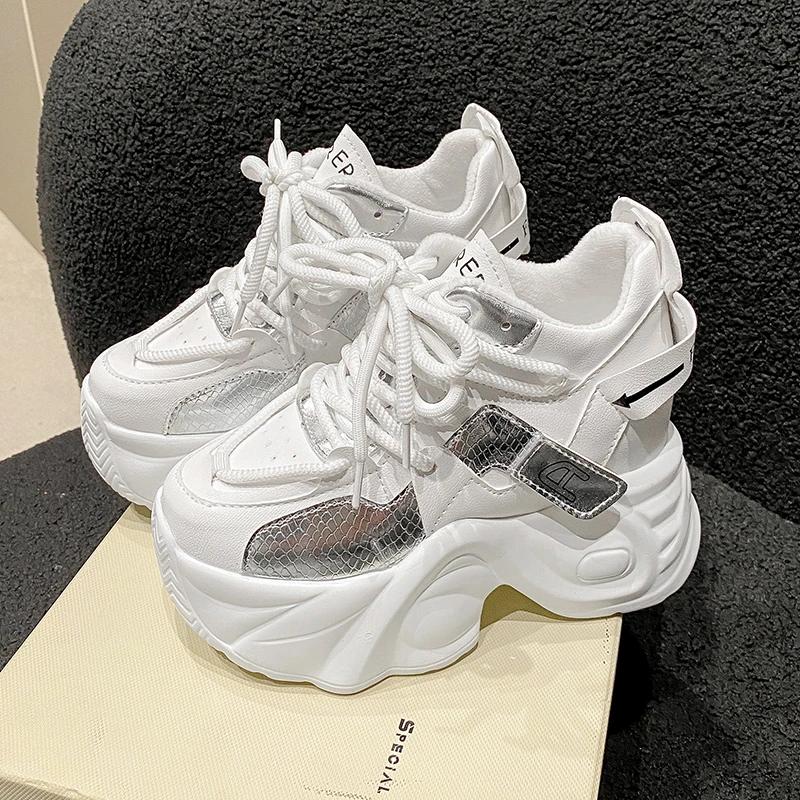 Fashion 9.5CM High Heels Autumn New Chunky Sneakers for Women Platform Sports Breathable Mesh Shoes Woman Lace-up Thick Bottom Dad Shoes