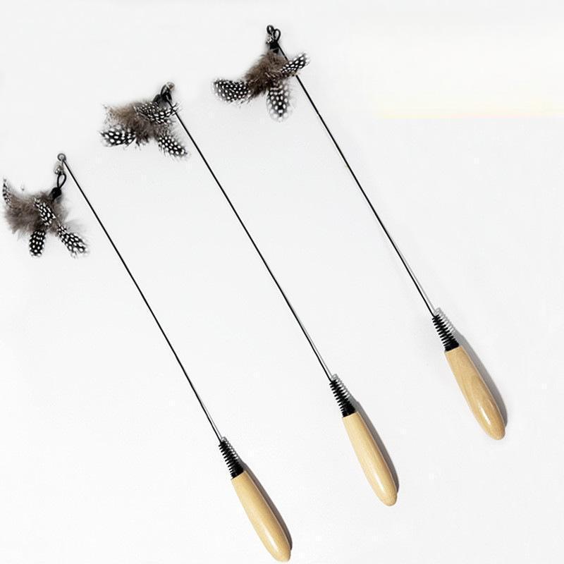 Wooden Handle Cat Teaser Toy with Detachable Feather and Bell for Boredom Relief
