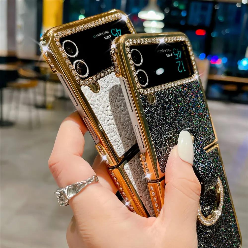 For Samsung Z Flip 6 Ring Holder PU Leather Plating Case For Samsung Galaxy Z Flip 6 Z Flip 5 4 3 Bling Diamond Shockproof Cover