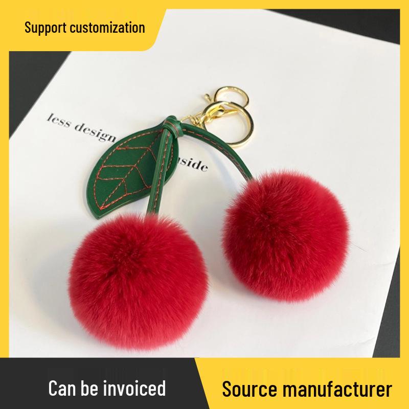 Faux Mink Rabbit Fur Cherry Keychain Pendant - Plush, Creative Korean Gift