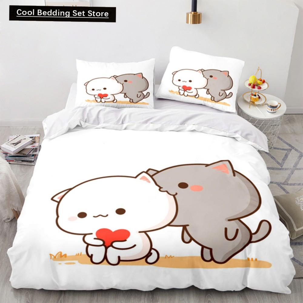 Lovely Peach Cat Bedding Set Cartoon Comforter Sets Double Queen King Twin Full Size Duvet Cover Set Kids Girls White Bed Linen