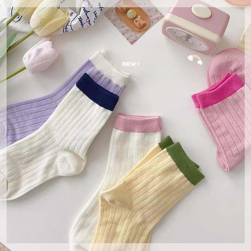 5 Pairs of Candy-coloured Cream Vertical Striped Socks Women Spring and Summer Thin Fresh Pure Colour Simple Colour Blocking Match Medium Socks