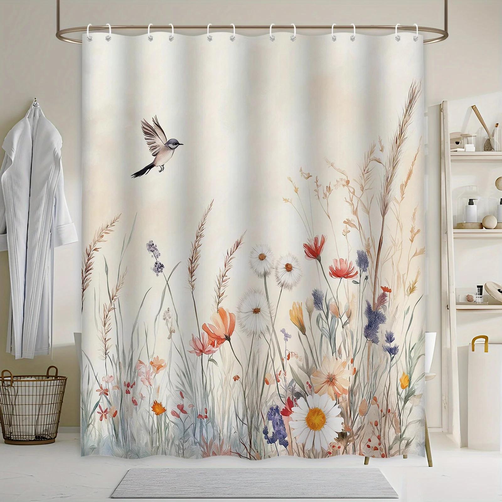 

Whimsical Meadow Bath Curtain - Watercolor Floral & Bird Design, Red Poppies, White Daisies, Purple Blooms, Pale Beige Blue S W60H190(CM)-1 Pcs