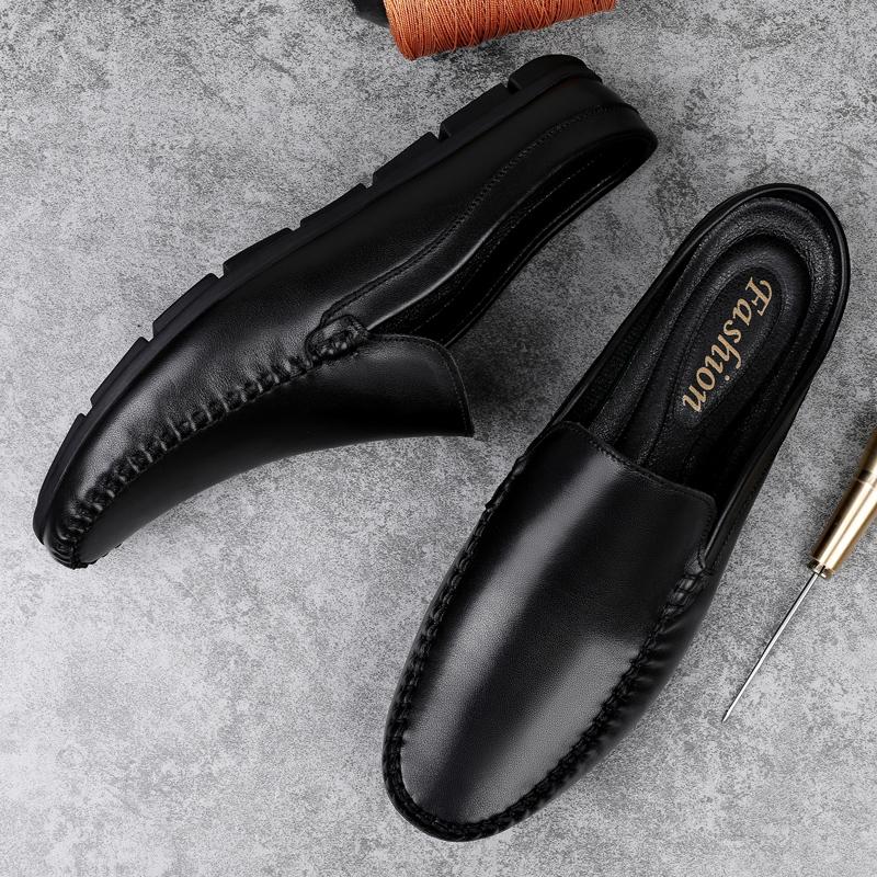 New Men Casual Genuine Leather Classic Boat Shoes Half Loafers Shoes High Quality Half Slipper Flat Lazy Shoes Men Muller Shoes