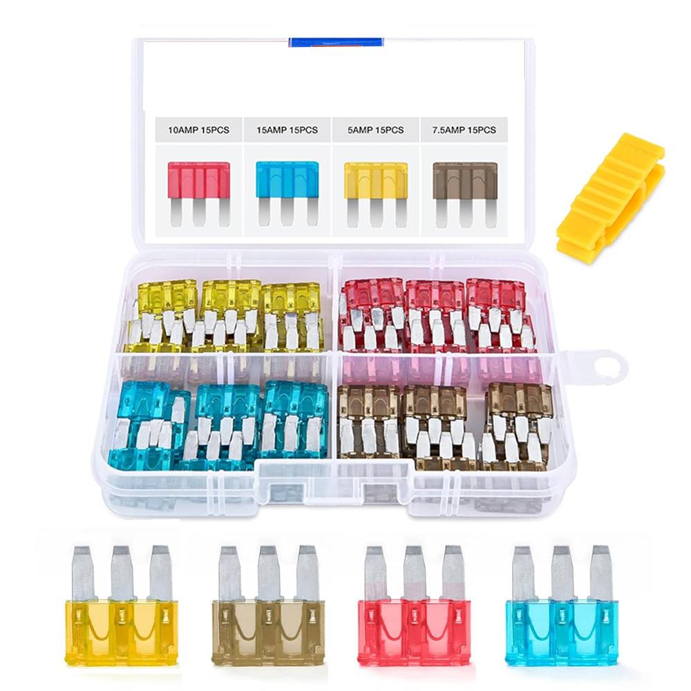 60Pcs Micro3 Fuse ,3 Prong Micro Blade Assortment Kit Replacement for Ford Focus Mondeo Dodge JEEP 5A 7.5A 10A 15A Fusible 60pcs