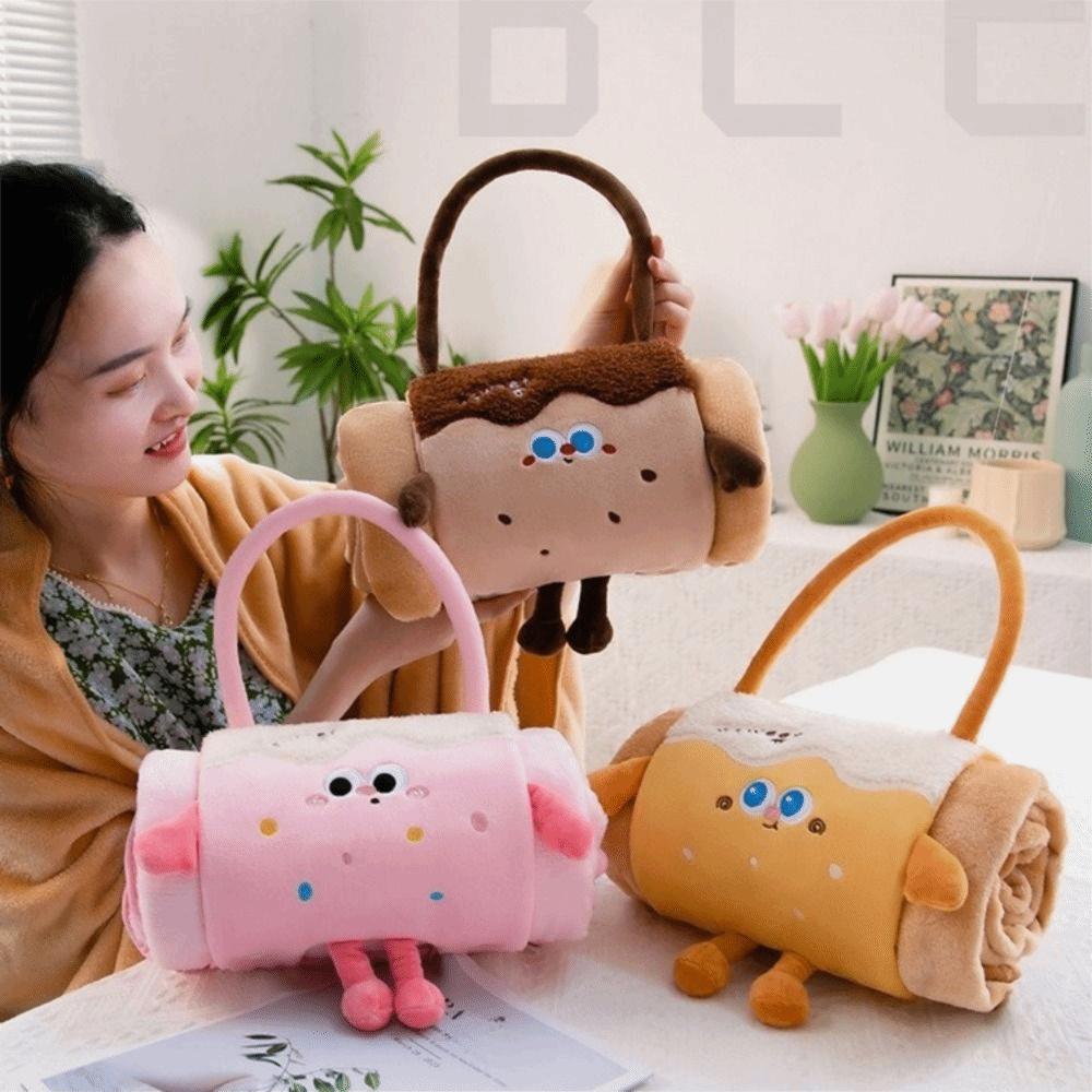 Cute 2 in 1 Foldable Roll Blanket Warm Plush Air Conditioning Blanket Cartoon Handheld Pillows Blanket Office