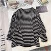 Women's Striped Long Sleeve T Shirt Loose O Neck Tops Retro Female Tees Bottoming Base Shirt