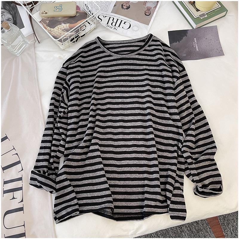 Women's Striped Long Sleeve T Shirt Loose O Neck Tops Retro Female Tees Bottoming Base Shirt