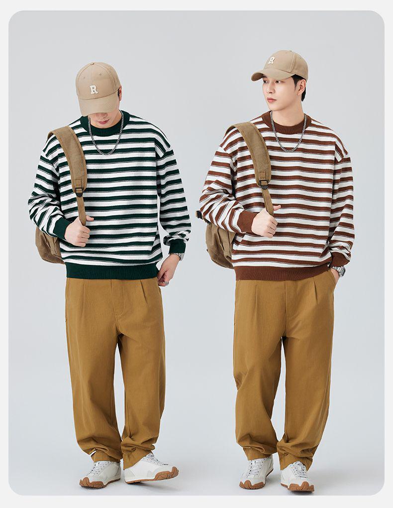 Shanggu Men's Autumn Anti-Pilling Striped Sweater | Round Neck Loose Knitwear