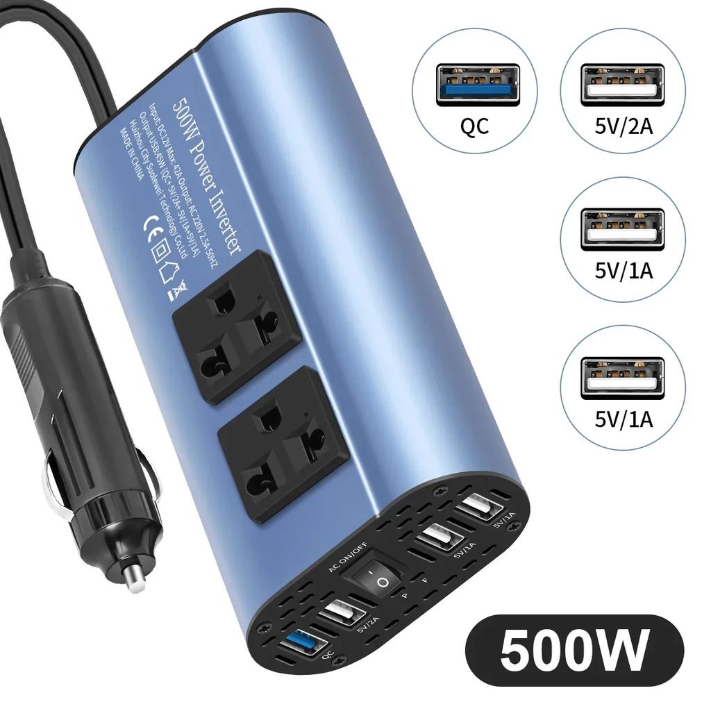 400W/500W/1500W Car inverter DC 12V to AC 220V converter, 3USB 2.0 and 1USB QC3.0 European standard socket