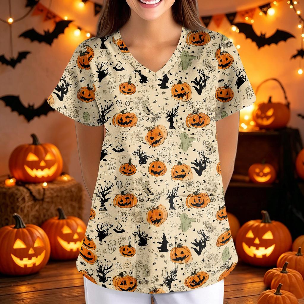 Women's Halloween Print Loose Fit V Neck Short Sleeve Medical Scrub Top with Pockets for Healthcare Professionals Nurse Uniform