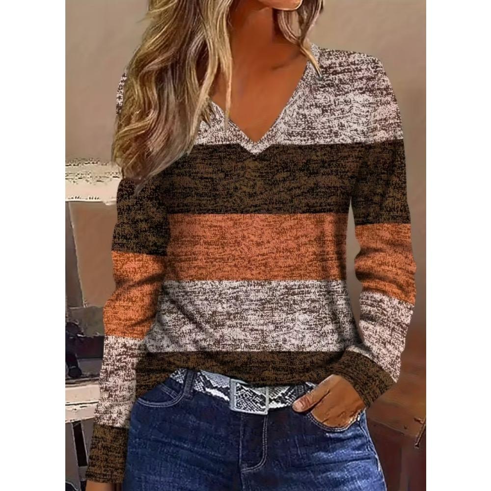 Splicing Printed T-shirt for Women's Casual V-neck Long Sleeved Top Suitable for Spring and Autumn Wear