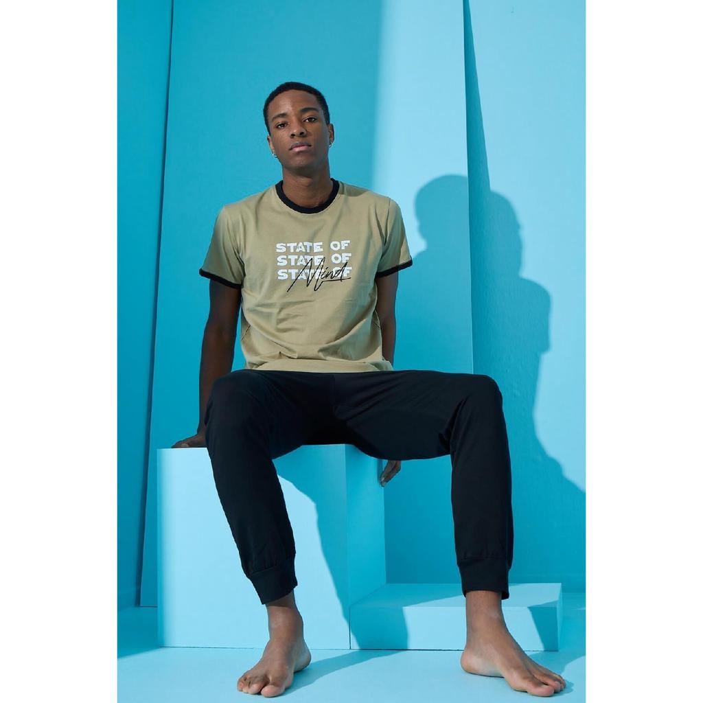 Khaki State bedrucktes, kurzärmliges Herren-Pyjama-Set mit Bündchen