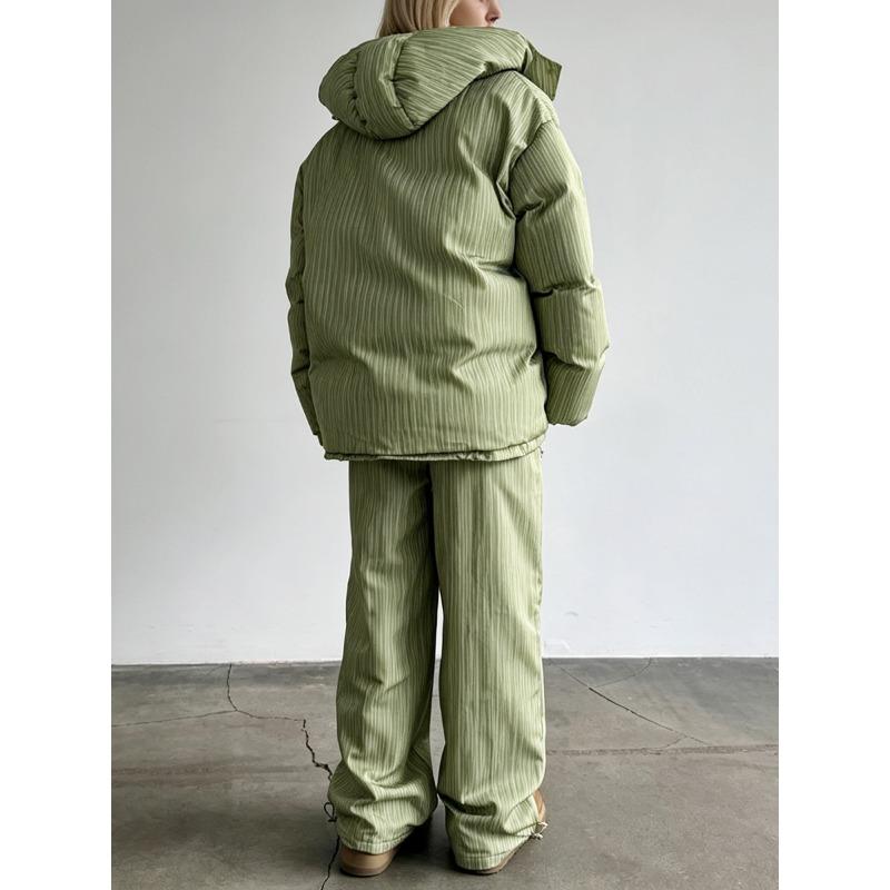 Women Loose Drawstring Striped Warm Thick Hooded Winter Puffer Coat