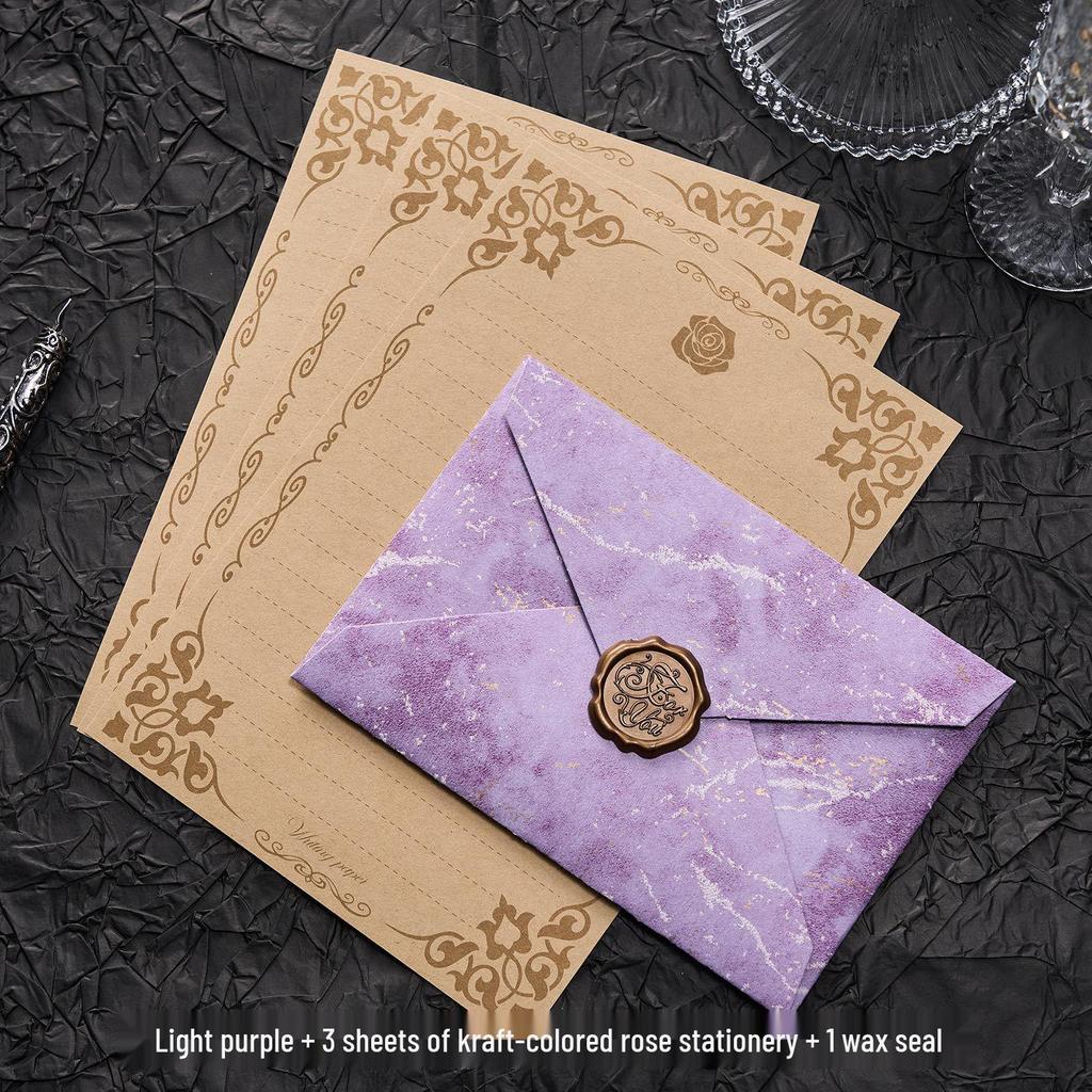 Gilded Envelope & Letter Paper Set - Embossed Texture, Straits Style, Handwritten Love Letters with Wax Seal for Valentine's Day