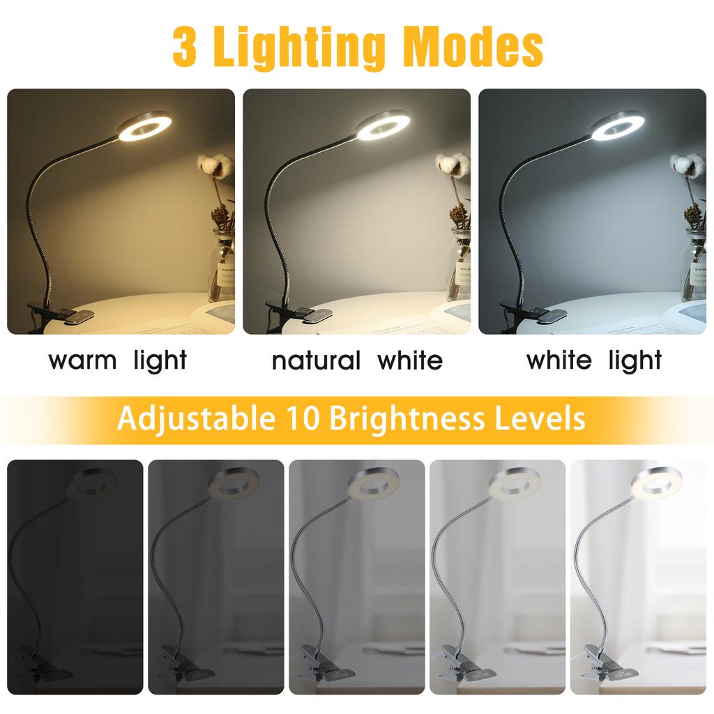Tomshine Clip-on USB Table Lamp with 3 Color Modes & Adjustable 10 Brightness Eye-caring Dimmable