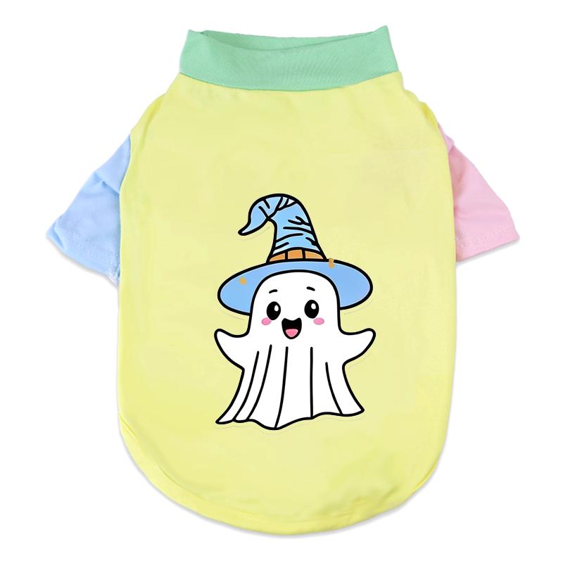 Halloween Cute Ghost Print Pet T‑Shirt Cats & Dogs Soft Cotton Clothes Outfit For Bichon French Bulldog Holiday Party Costume