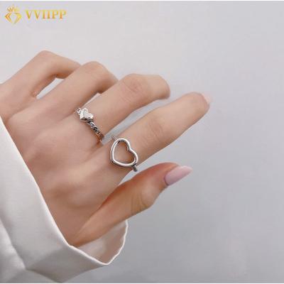 2Pcs/set Korean Heart Stacking Ring for Women Elegant Silver Finger Rings Accessories Jewelry