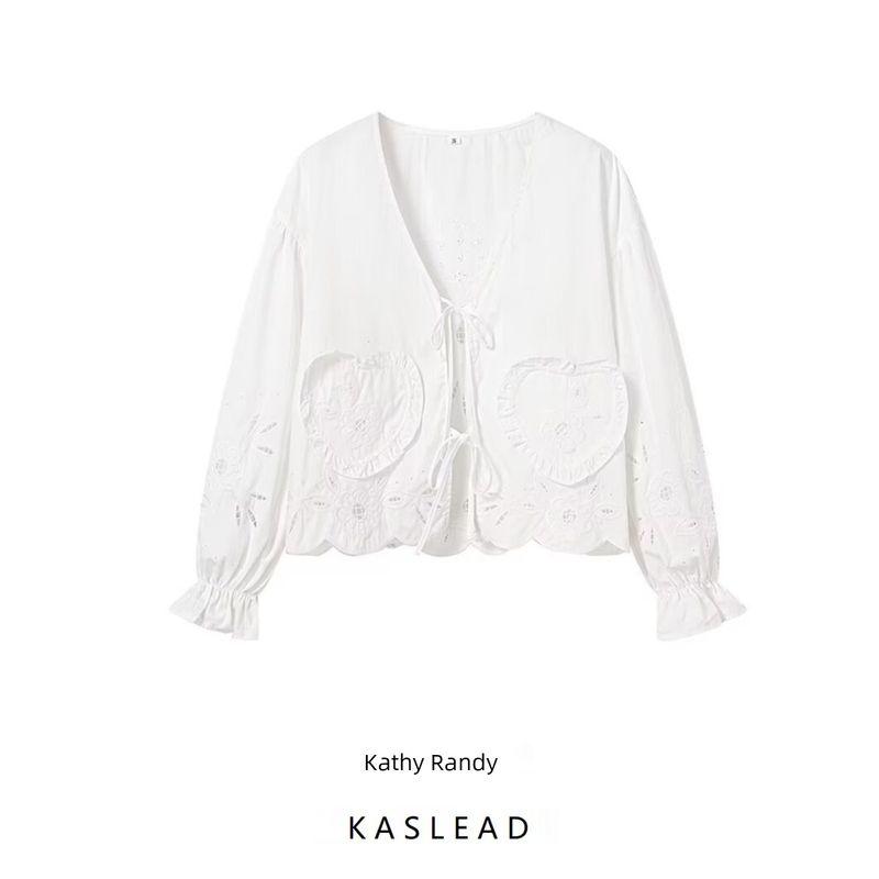 Kaslead New Arrival Women's Clothing Fashion Style Fashion All-Match Cut Out Embroidery Tie-Neck Shirt Tops