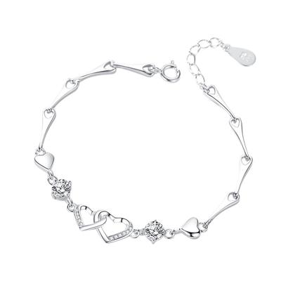 S999 Sterling Silver Heart-to-heart Double Heart Bracelet, Simple and Sweet Bracelet, Romantic Silver Bracelet