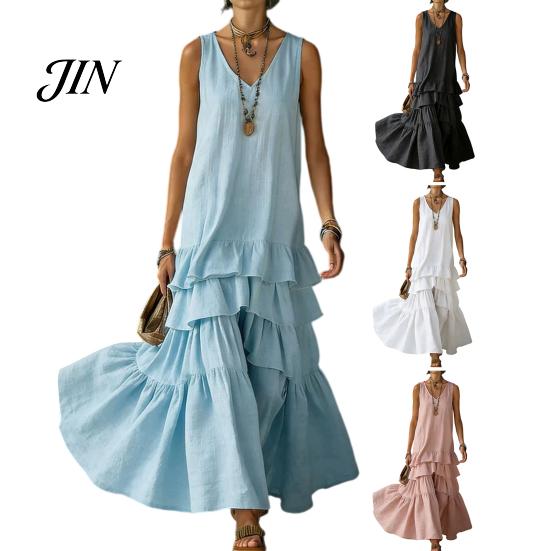 Casual Dress Women Women's Sleeveless Summer Long Tank Dress, V Neck Tiered Flowy Layered Skirt Ruffle Maxi Loose Beach Sundress Breathable
