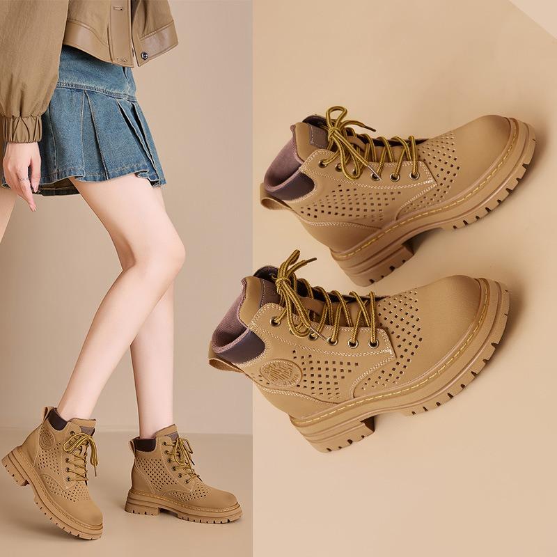 Stand hollow Martin boots summer new soft leather retro women's short boots cow suede leather tooling boots