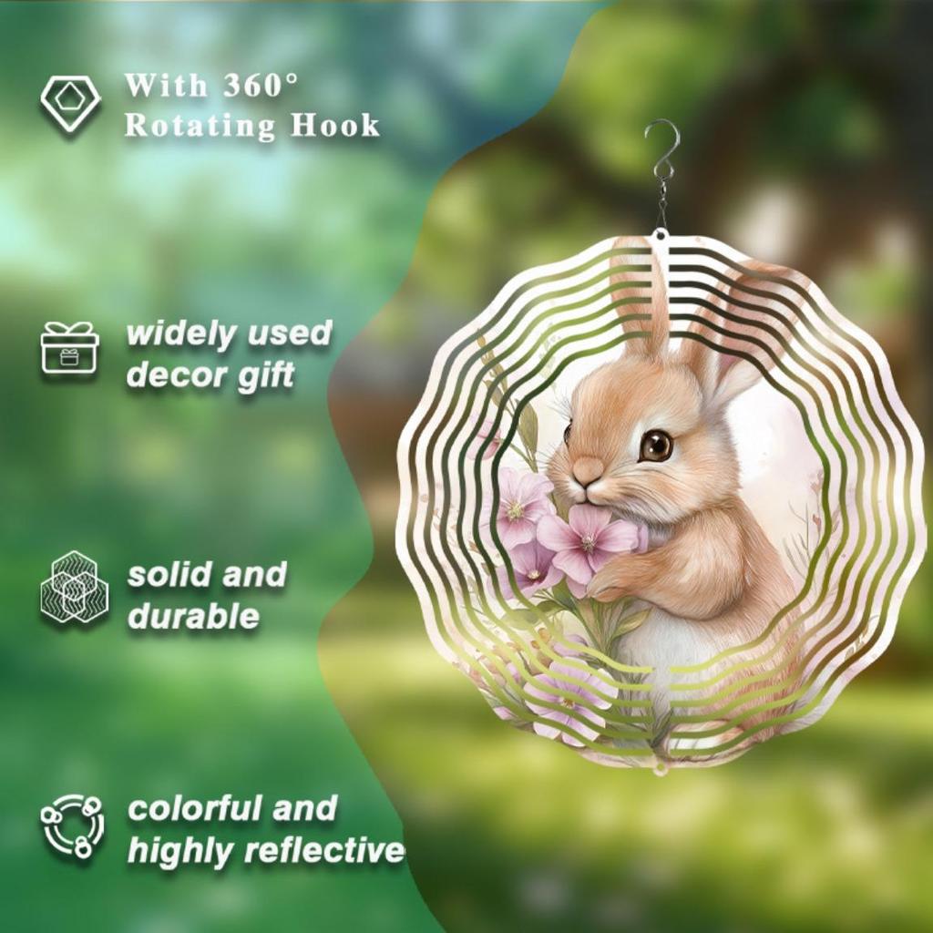 Rabbit Floral Wind Chime for Outdoors 10 Inch Rotating Metal Garden Decor Balcony Hanging Ornament No Battery Needed Gift Idea