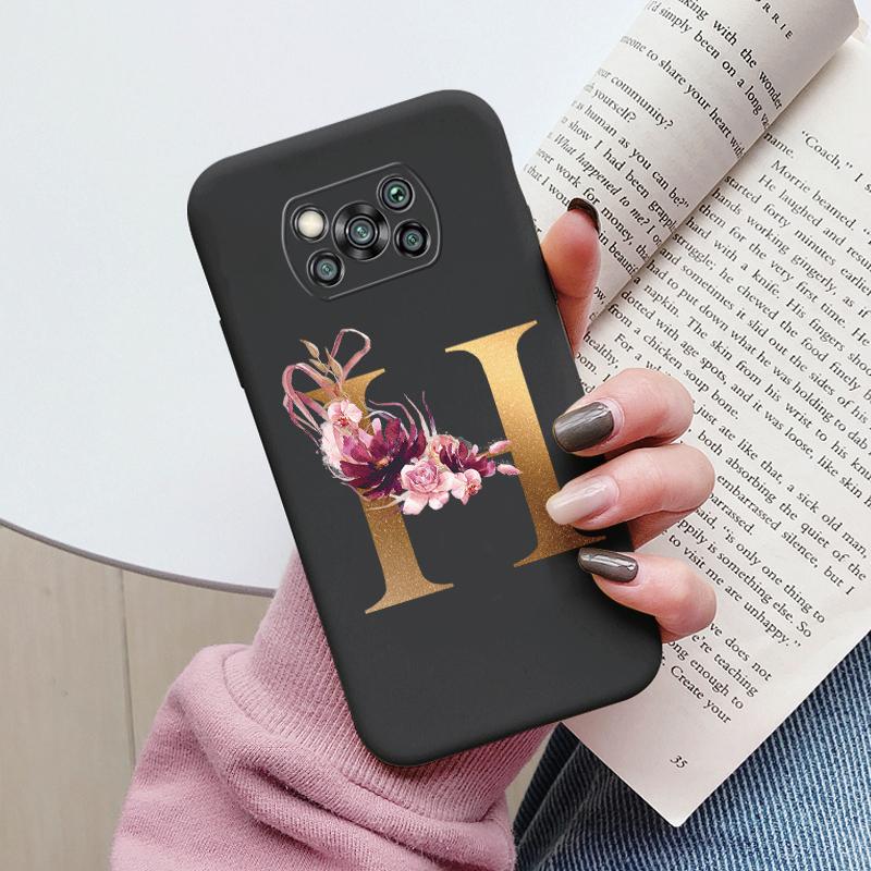 Letter Case For Poco X3 NFC PocoX3 Pro Back Cover Retro Flowers Pink Black Soft TPU Initial Fundas For Xiaomi Poco X 3 Pro Coque