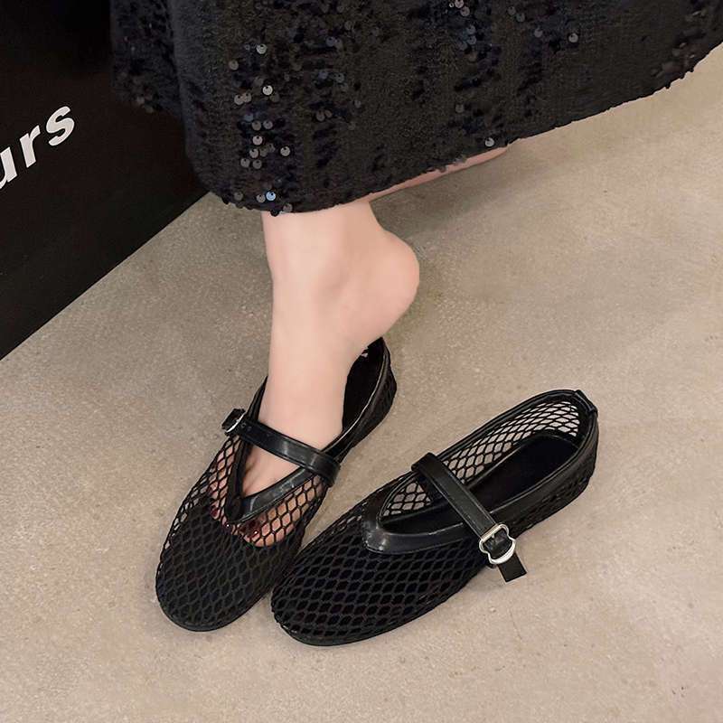 Mesh Shoes Women's Breathable Sandals Summer New French Temperament Flat Bottom Hollow Mary Jane Single Shoes