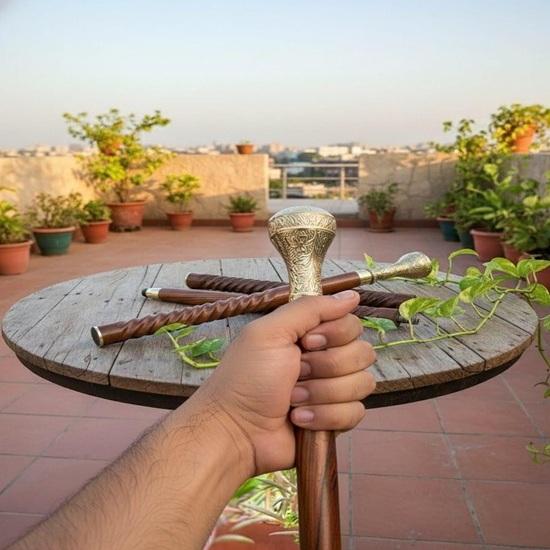 Brass Floral Engraved Knob Handle Wooden Walking Stick Decorative Victorian Handmade Carved Gentleman s Cane