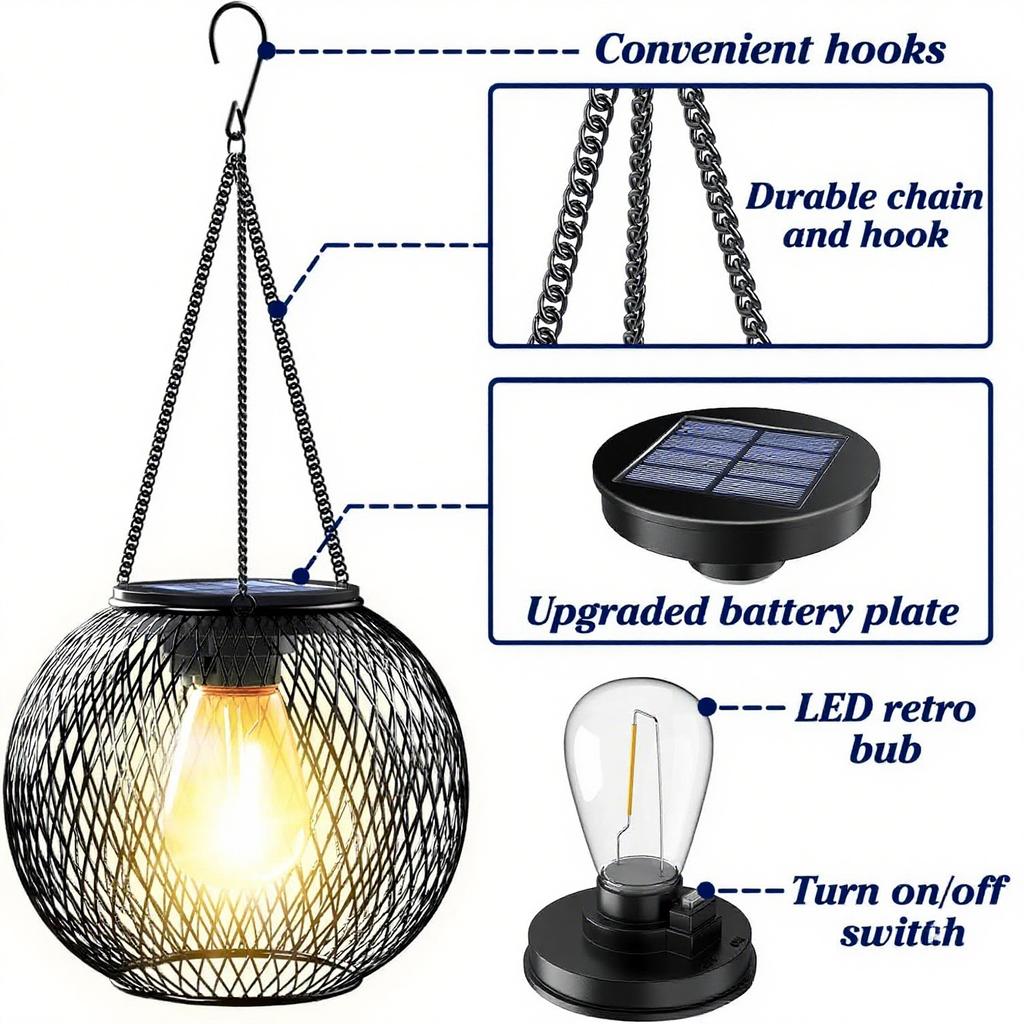 2 Stück Solarlaternen, wasserdicht, aus Metall, zum Aufhängen, für Garten, Terrasse, Weg, Veranda, Zaun, Weihnachten