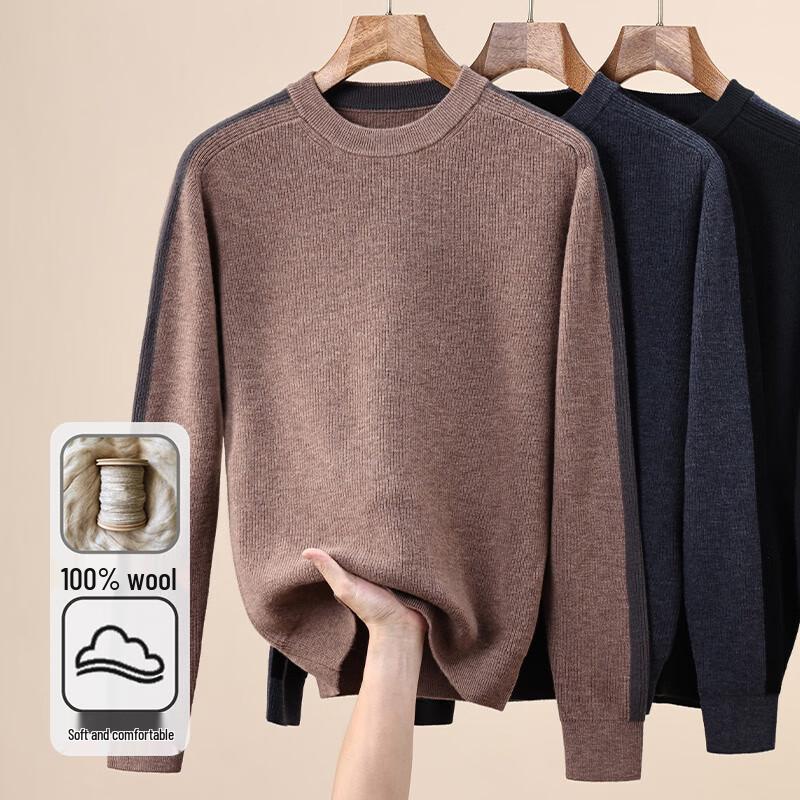 Hengyuanxiang Men's 100% Wool Crew Neck Winter Sweater