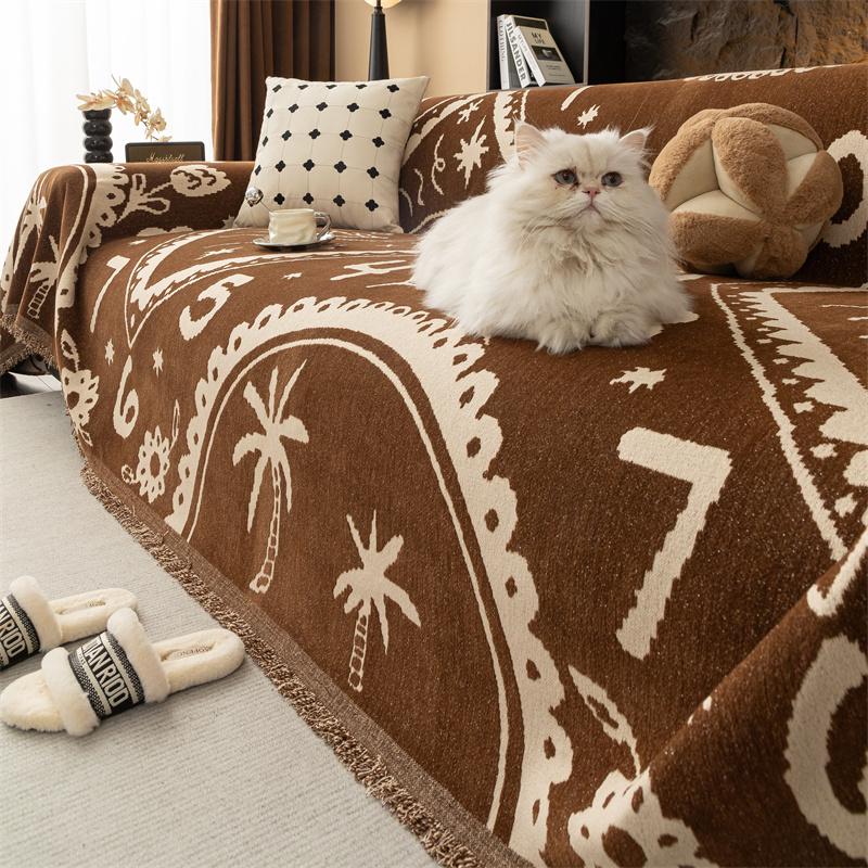 Clock Chenille Sofa Cover Cloth Retro Printed Sofa Towel Four-Season Universal Cover Cloth Light Luxury High-End Set Towel