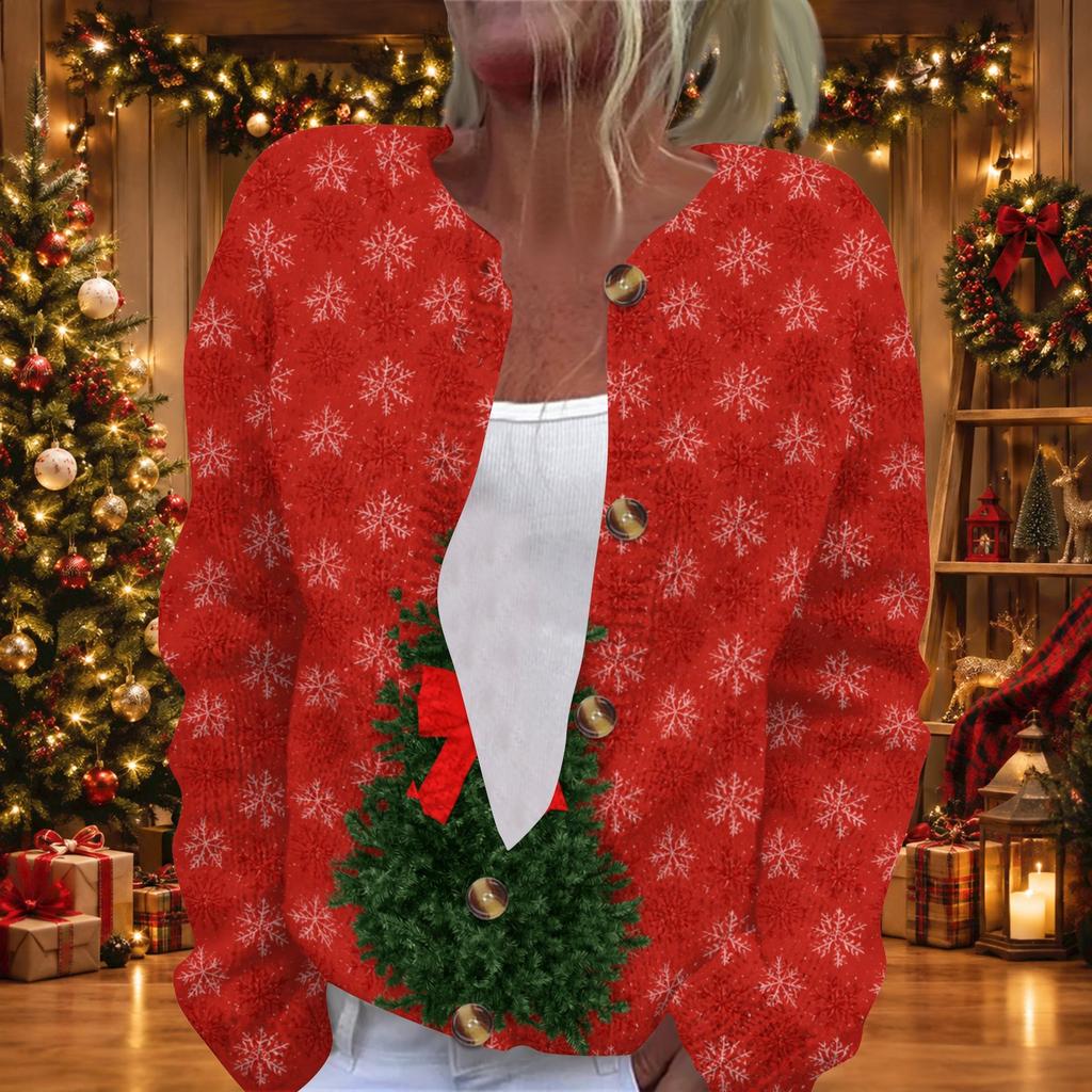 Women's Christmas Print Long Sleeve Knit Cardigan Button Front Sweater