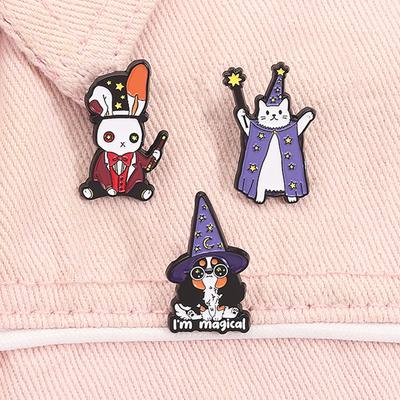 Wizard Cat Holding Magic Wand Casting Spell Enamel Pins Cute Dog With Witch Hat Halloween Brooches Lapel Badge Jewelry Gifts