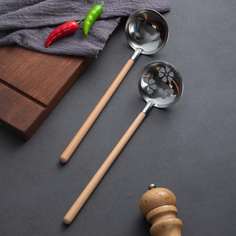HANYANG Wooden Handle Hot Pot Spoon 304 Stainless Steel Soup Shell Soup Funnel Household Leakage Shell Extended Handle Soup Ladle Leakage Spoon
