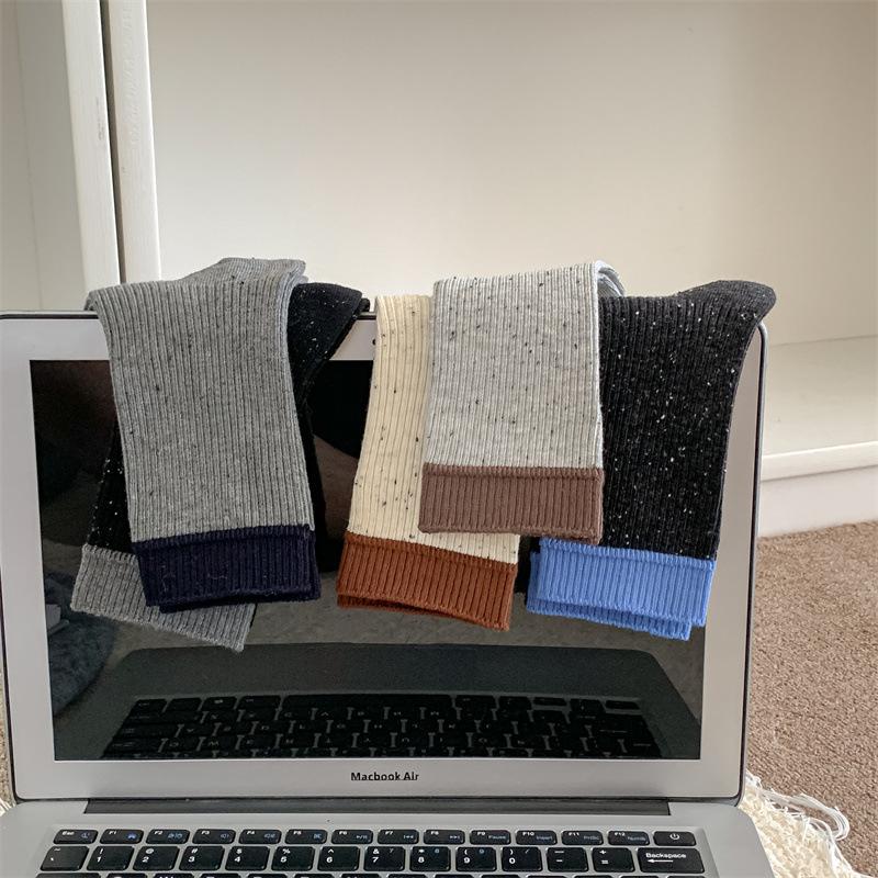 Spring and Autumn Cotton Yarn Dotted Mid-calf Socks with Contrasting Colors, Winter Long Calf Pile Socks