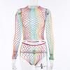 Fishnet Mesh Tights Erotic Nightwear Lingerie Long Sleeve Top & Skirt Set Hollow Out Rainbow Fishnet Mesh Bodystockings