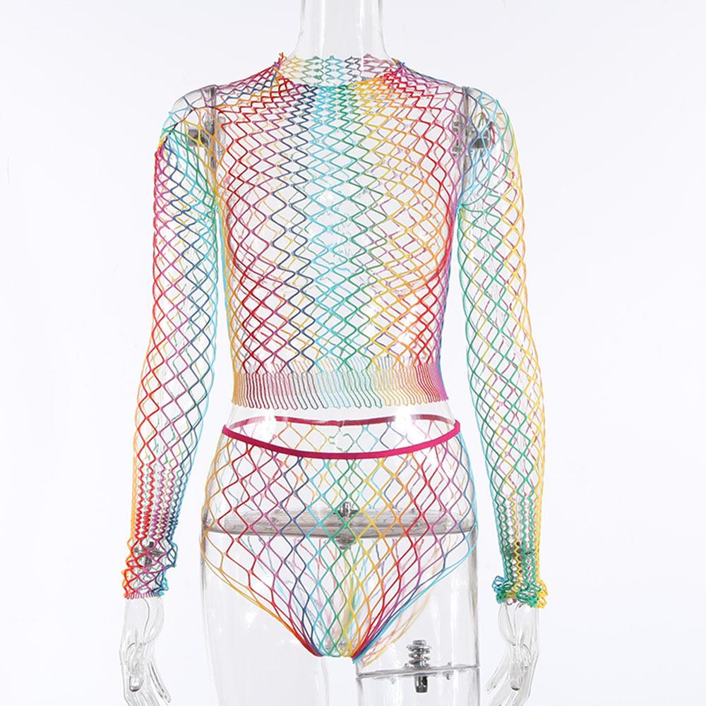 Fishnet Mesh Tights Erotic Nightwear Lingerie Long Sleeve Top & Skirt Set Hollow Out Rainbow Fishnet Mesh Bodystockings