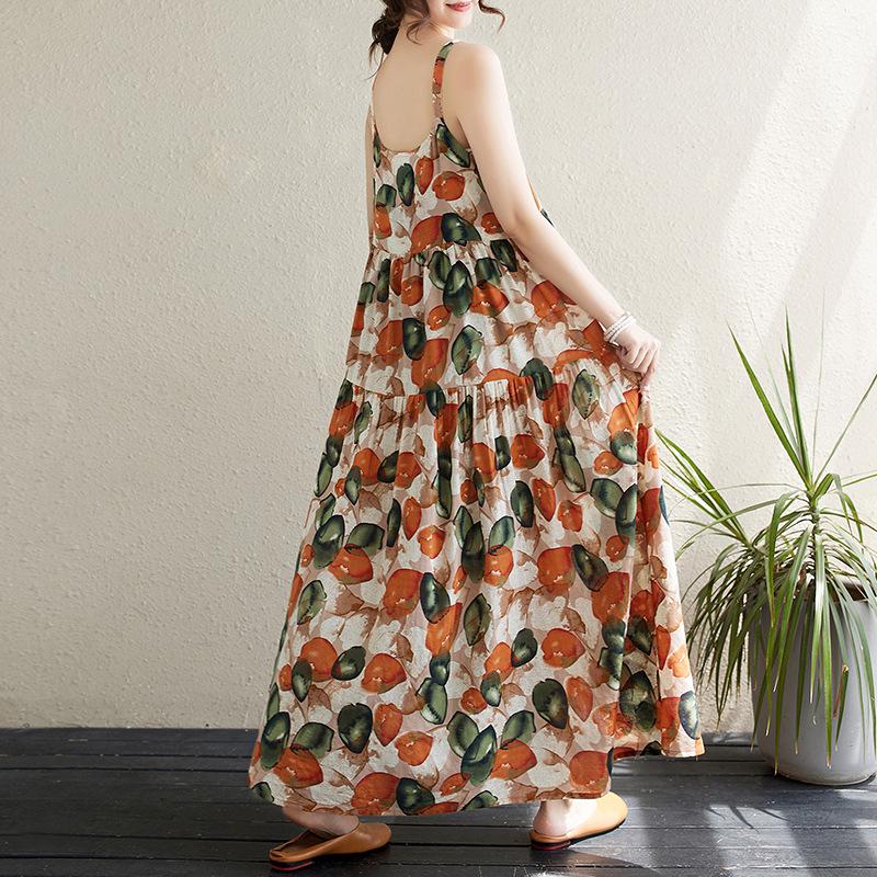 2024 Summer Cotton Linen Spaghetti Strap Long Dress with Large Hem and Slimming Fit