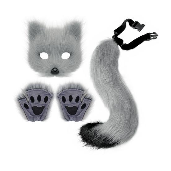 Furry Therian Kostýmová sada pro dívky ženy ocas z umělé kožešiny plyšová maska nadýchané tlapkové rukavice sada liška kočka vlk zvíře cosplay doplňky