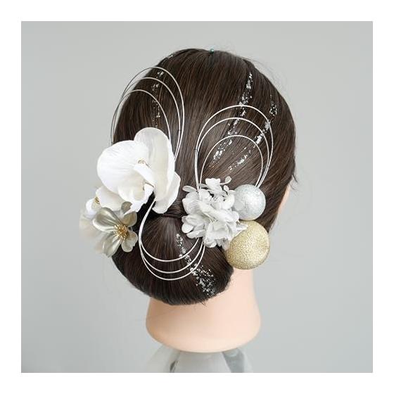 Lomeri Hair Accessory for Coming-of-Age Ceremony, Graduation, Weddings, Kimono - Artificial Flowers, Hard Silver, Japanese Beads, Bronze, Mizuhiki,