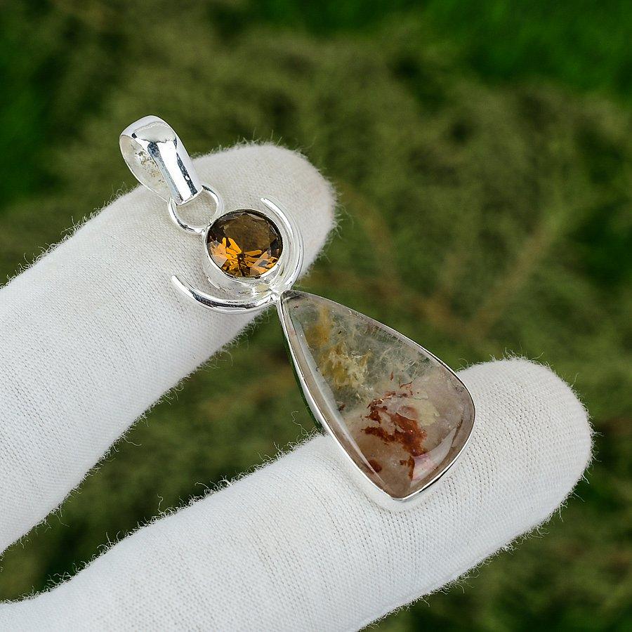 Sterling Silver Elestial Quartz Gemstone Handmade Daughter Bezel Pendant Jewelry