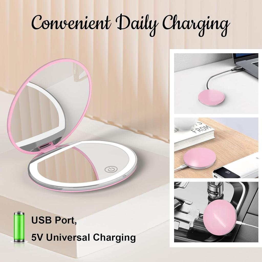 LED Compact Mirror with Lights 1X/3X Magnification Pocket Mirror with Rechargeable Travel Portable Handheld Mirror for Gifts