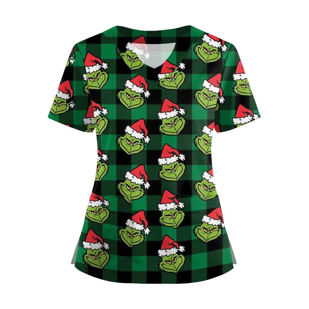 Women's Short Sleeved Christmas Printed V-neck Buttonable Side Slit Top T-shirt
