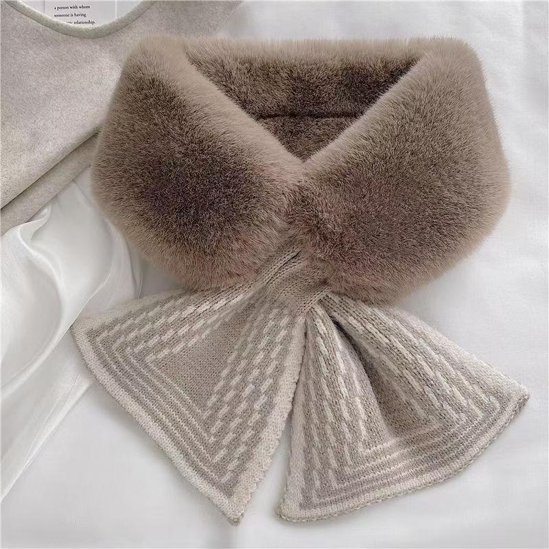 Korean Style Women's Fluffy Faux Mink Scarf - Thick Striped Fur Collar & Neck Warmer