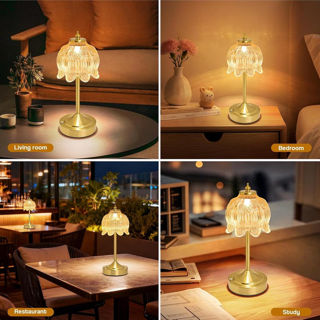 Cordless Table Lamp, Rechargeable Amber Glass Lotus Flower Lamp | 5200mAh touch lamp with 3 color modes and stepless dimming, battery operated lamp