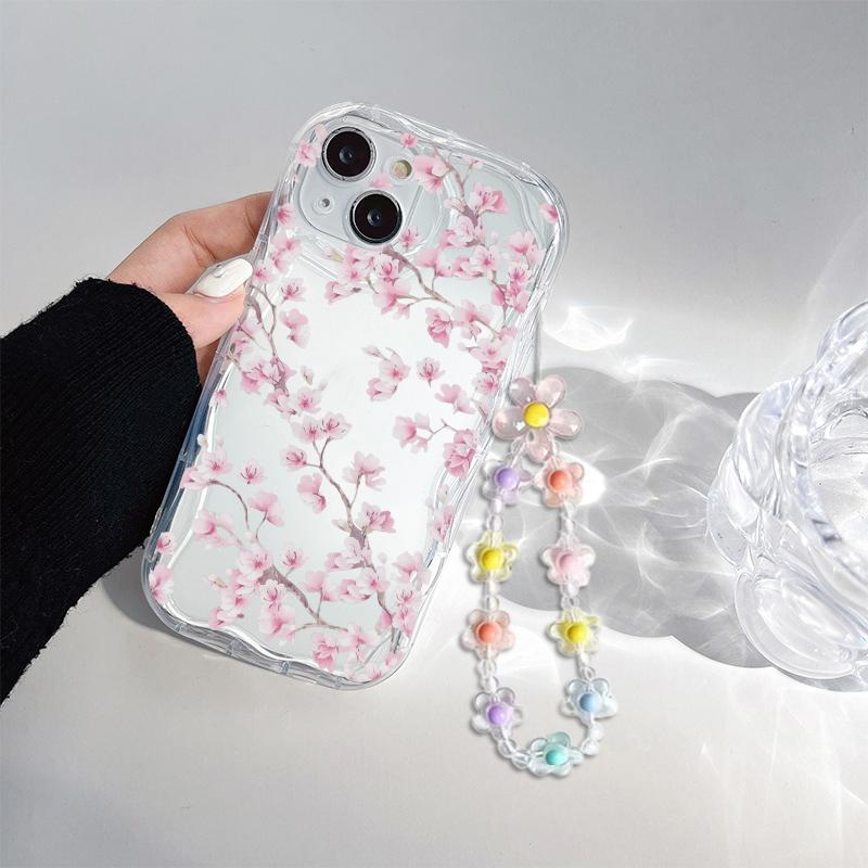 Clear Floral Leaf Chain Strap 3D Wave Case For IPhone 17 16 15 14 13 12 11 Pro Max 17 Pro 17 Air 16e 16 Plus 13 Mini Soft Cover