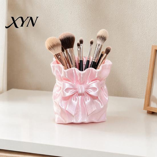 Bow Makeup Brush Holder Satin Bag Holder, 3D Printed Beauty Tool Organizer for Desk, Large Bowknot Pouch Pencil Storage Container Powder